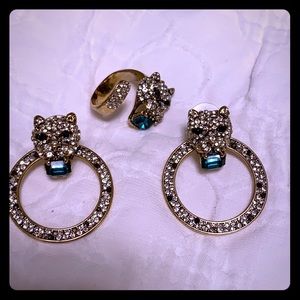 Lion gem earring and ring set